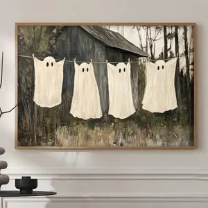 1pc Ghost Laundry Vintage Style Painting Print Laundry Halloween Decoration, Farmhouse Halloween Decoration, Sourdough Print Vintage Style Painting