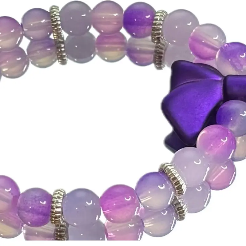 Purple Agate Beads Bracelet with Silver Accents and Bow Charm for Women's Fashion Jewelry