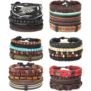 Women's Handmade Adjustable Bohemian Ethnic Knitted Leather Wrap Cuff Bracelet with Hemp Rope and Wood Beads