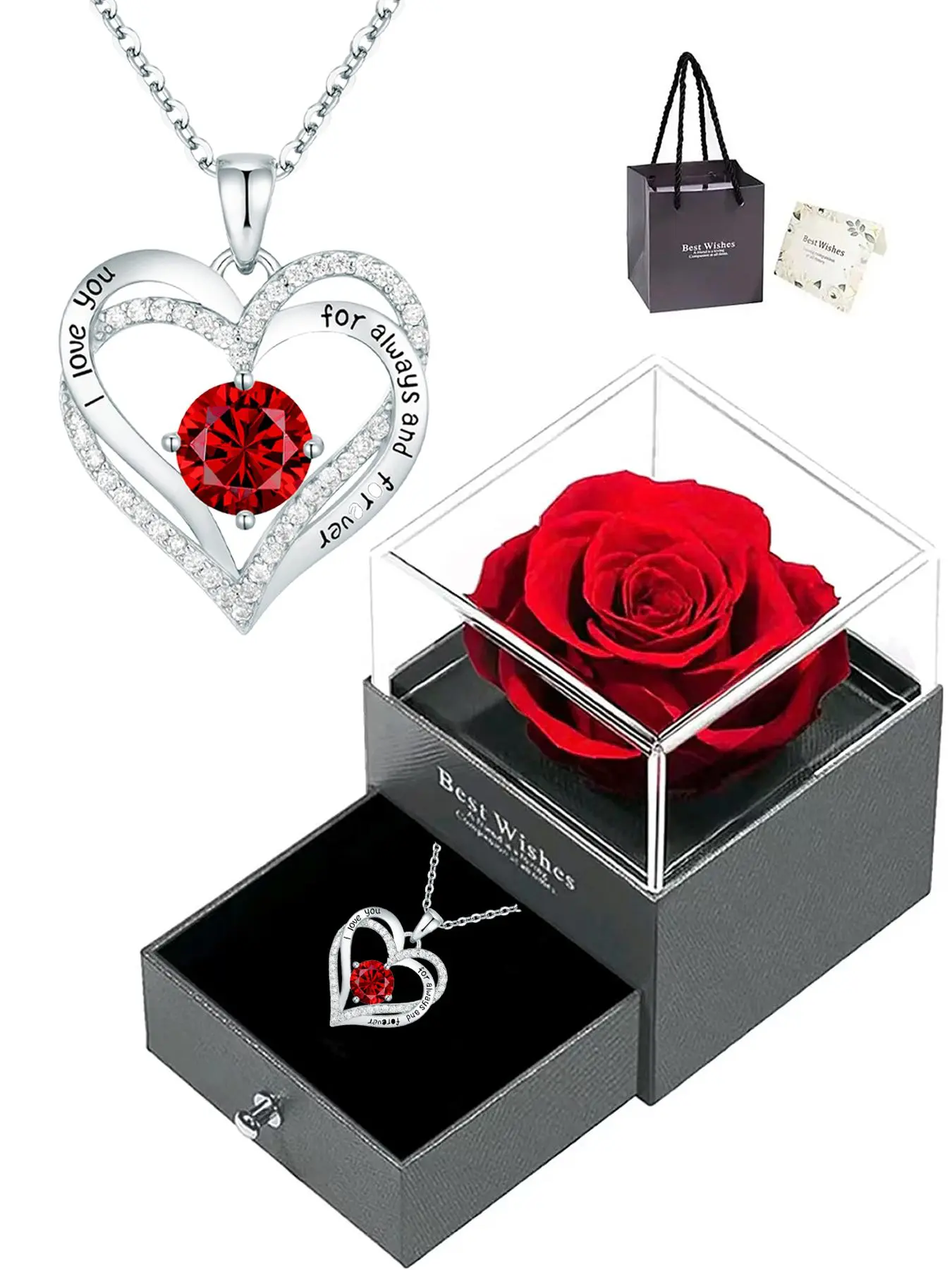 A timeless love heart design necklace and rose bouquet gift box, perfect for women, featuring a birthstone pendant, making it an ideal gift for Christmas, Valentine's Day, Mother's Day, birthdays, and anniversaries, Exquisite Jewelry Gift