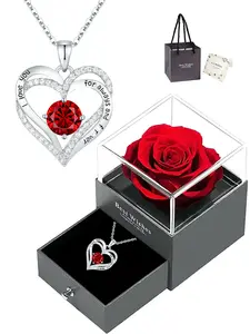 A timeless love heart design necklace and rose bouquet gift box, perfect for women, featuring a birthstone pendant, making it an ideal gift for Christmas, Valentine's Day, Mother's Day, birthdays, and anniversaries, Exquisite Jewelry Gift