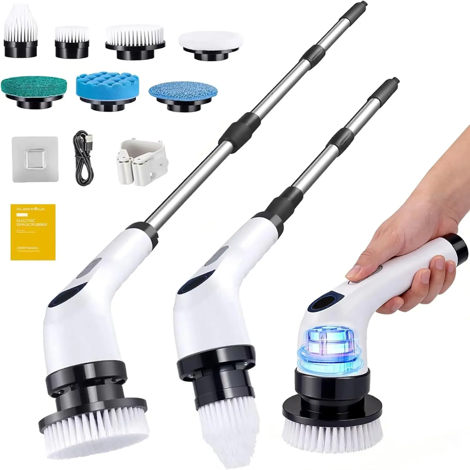 White Wireless Portable Electric Spin Cleaning Brush for Modern Families - Adjustable, 2-Speed, IP67/68 Waterproof, 7 Replaceable Heads, Power LED Display, Multi-Surface Cleaner for Bathroom, Kitchen, Reduces Clutter