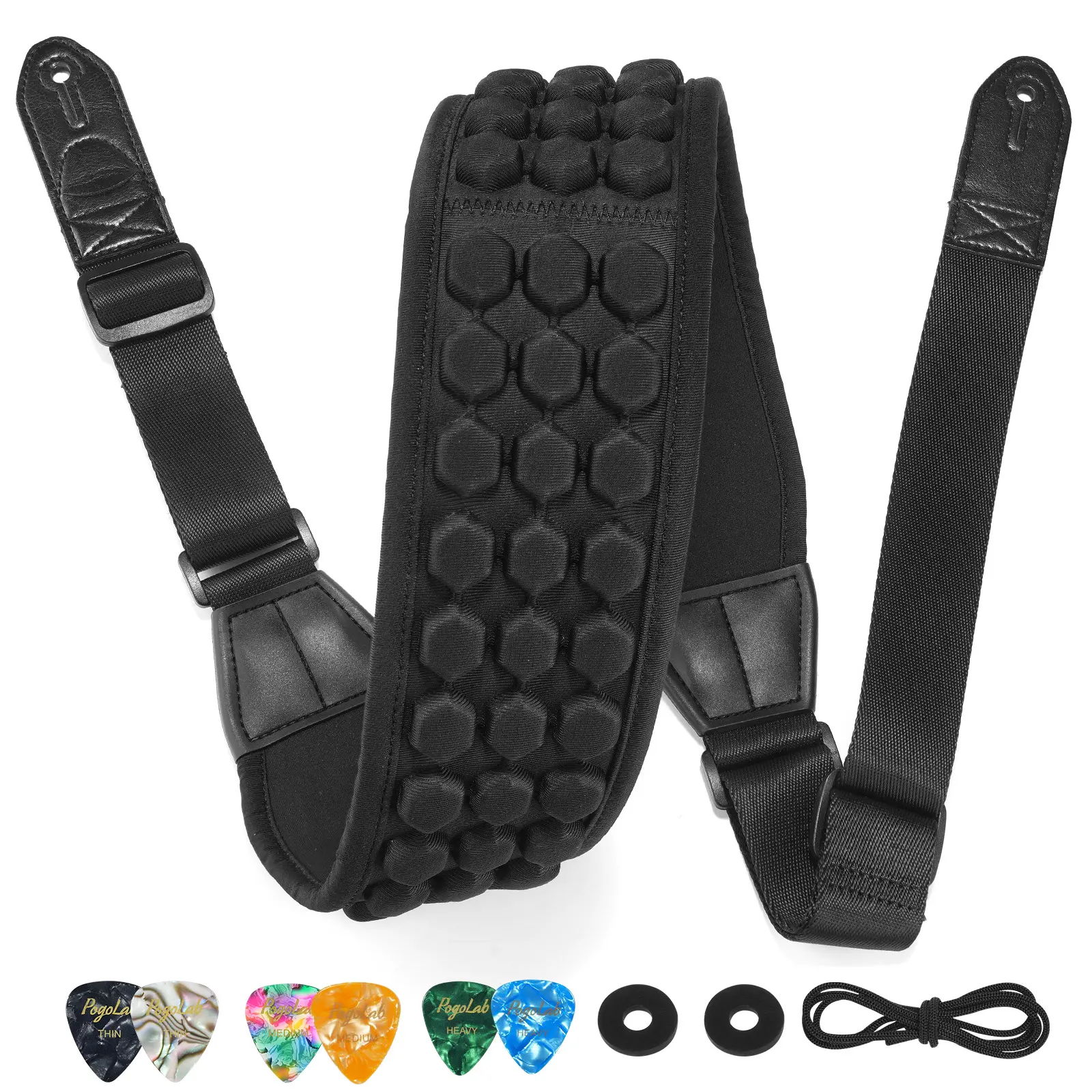 POGOLAB PGS-14 Guitar Strap, 3.5" Wide Air Cell Cushions, Neoprene Padded, Soft Comfortable Bass Strap, Adjustable Length 53"-64" Long, with Strap Picks, for Bass Guitar