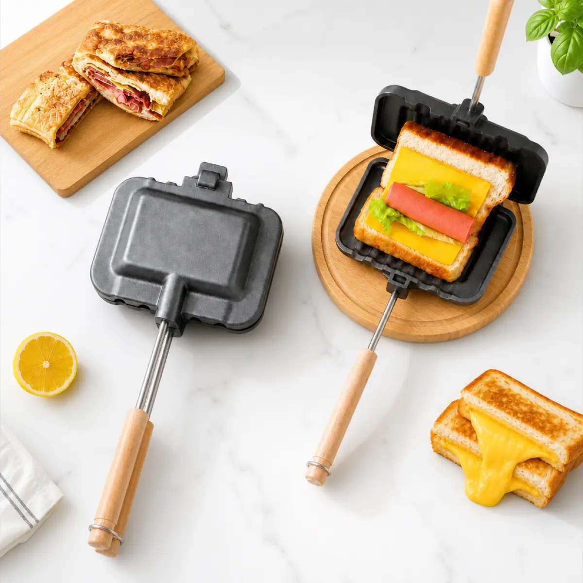 Double Pie Iron Sandwich Maker, Cast Iron Camp Cooker Pre-Seasoned with Removable Handles, Portable Toasted Sandwich Maker for Breakfast, Grilled Cheese, Pies, Meat, Camping and Home Cooking