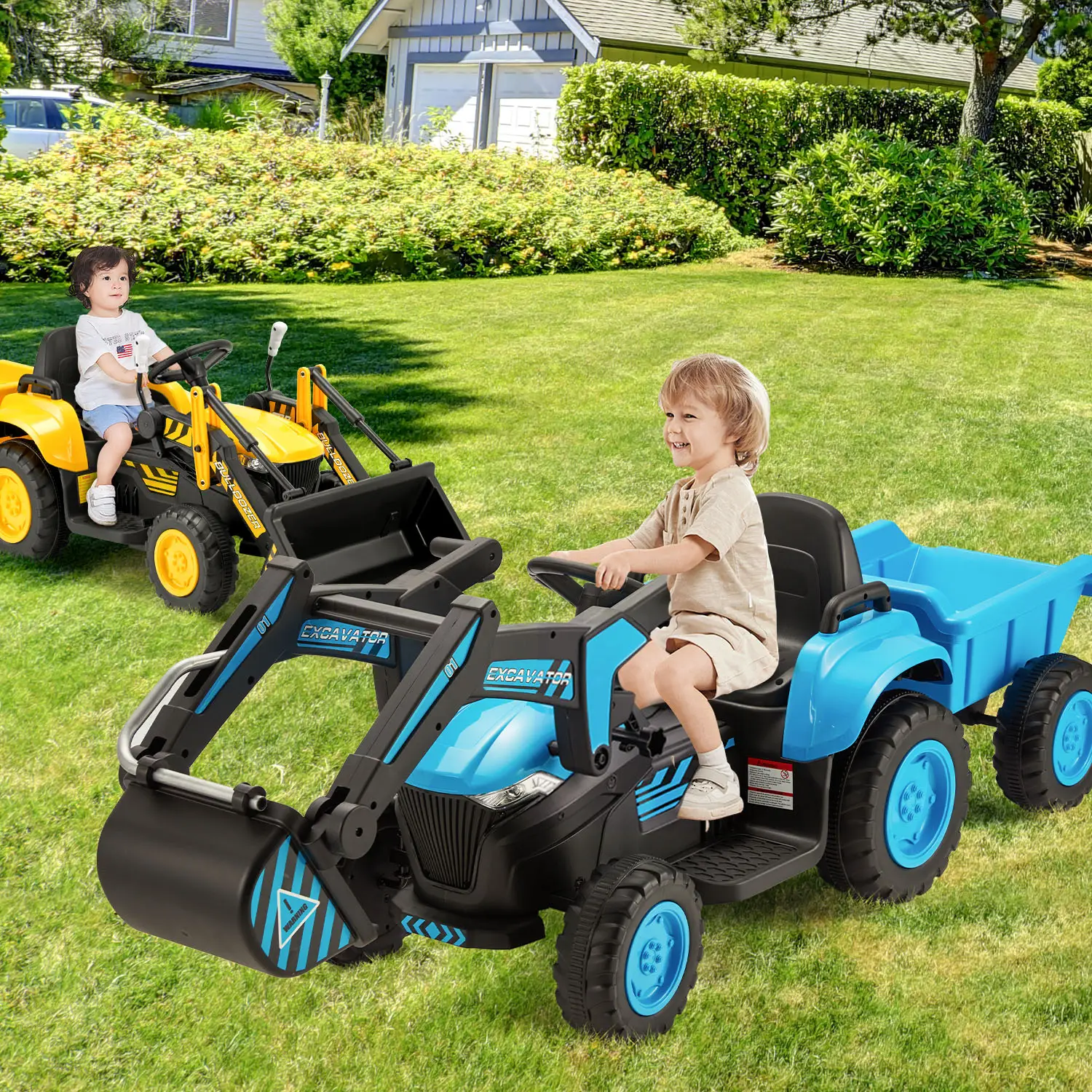 EROMMY 12V Ride-On Excavator & Bulldozer – Dual Mode with Remote, LED Lights, Music, Safety Belt, All-Terrain Wheels, Toy Car for Kids 3-7