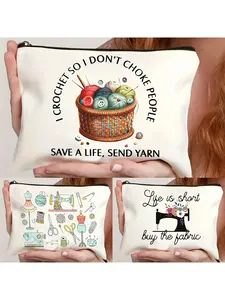 1pcs Polyester Crochet Cosmetic Pouch for Women with Humorous Sewing Design, Makeup Bag for Travel, Business Toiletry Bag