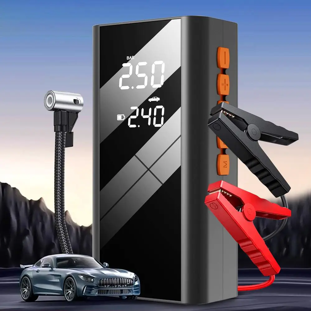 Wireless Air Pump with LED Lighting, 1 Set 12V 4-in-1 Portable Vehicle Battery Jump Starter, Emergency SOS Light, Digital Display, Smart Clip, Tire Pr