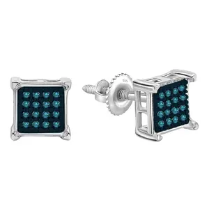 Dazzlingrock Collection 0.05 Cttw Round Blue Diamond Square Cluster Unisex Stud Earrings in 925 Sterling Silver in Screw Back