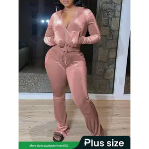 [Plus Size] Two-piece Set Hooded Jacket & Pants Velvet Set for Daily Wear, Women's Two-piece Outfits for Fall & Winter