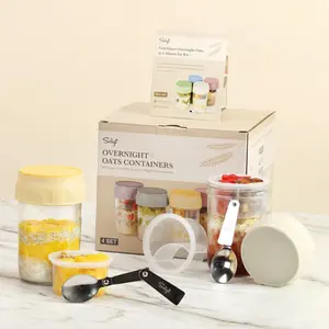 16oz Overnight Oats Containers with Lids Folding Spoons & Divided Compartments for Fruit Nuts Small Glass Mason Jars for Oatmeal Yogurt Parfait Portable Kitchen Utensils Food Storage Organizer Airtight Leakproof Reusable