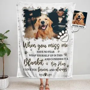 Custom 1pc  Blanket, When You Miss Me Personalized Dog Photo Blanket, Pet Loss Sympathy Gift, Big Hug Blanket