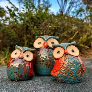 3pcs Charming Ceramic Owl Family Trio - Handmade Garden & Home Decor Ornaments with Red, Blue & Green Tones, Perfect for Living Room, Hallway, or Outdoor Display, Owl Home Decor
