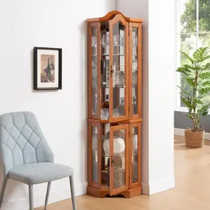 Bellemave  Curio Cabinet Lighted Glass Display Curio Cabinet w/Tempered Glass Doors and Shelves, Crown Corner Cabinet with Bulb, Corner Storage Decoration for Living room and Bedroom