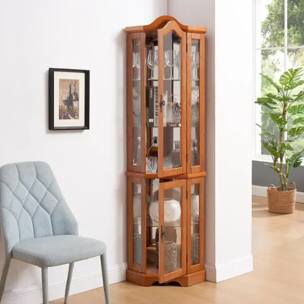 Bellemave Lighted Antique Corner Cabinet - Cherry Finish, MDF & Glass Construction, Tempered Glass Doors, Adjustable Removable Shelves, Bulb-Included Heavy Furniture (Over 25 kg), Easy-Install Indoor Storage for Living Room, Bedroom, Antique Cabinet, Cont