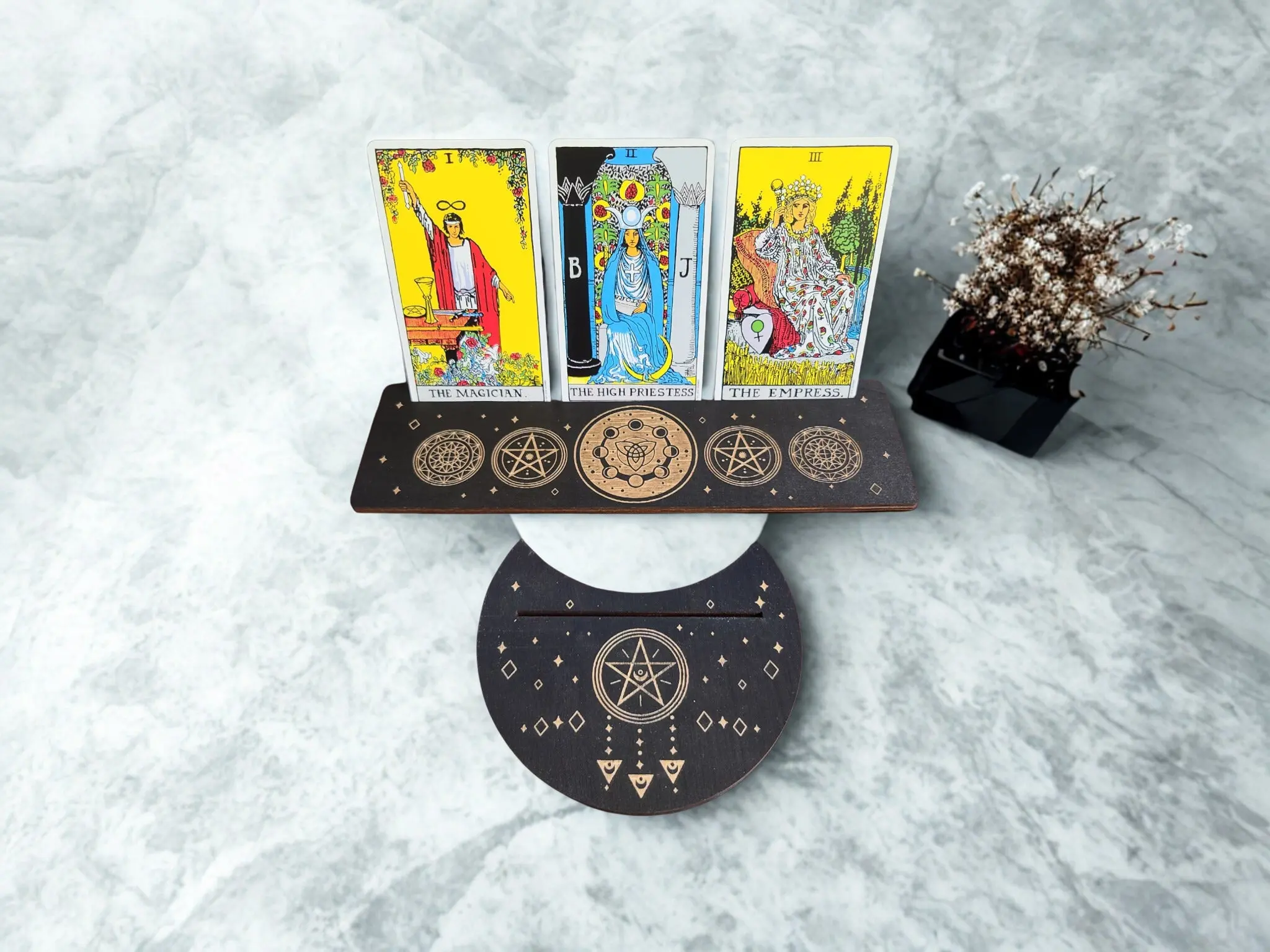 Wooden Tarot Card Holder 2 Piece Set | Moon Phase Design 3"W x 10"L