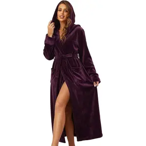 Womens Robes Plush Fleece Hooded Bathrobe Thick Nightgown with Pockets Fluffy SleepwearGift