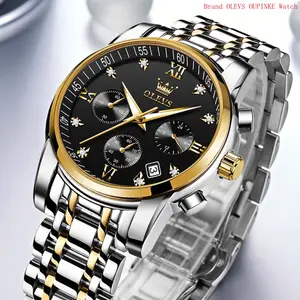 Brand OLEVS Men's Stainless Steel Chronograph Watch, Big Face Date Black Tone Easy to Read Analog Quartz Wrist Watch Luxury Waterproof Diamond Dress Watch for Men