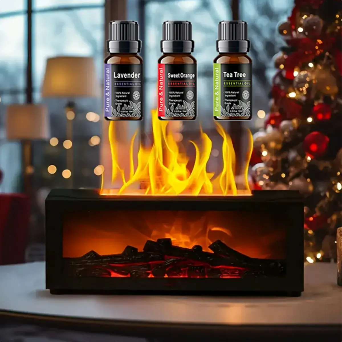 Colorful Flame Fireplace Aroma Diffuser 300ml Waterless Auto-Off Air Humidifier with Timer Remote Control for Home Bedroom Gift