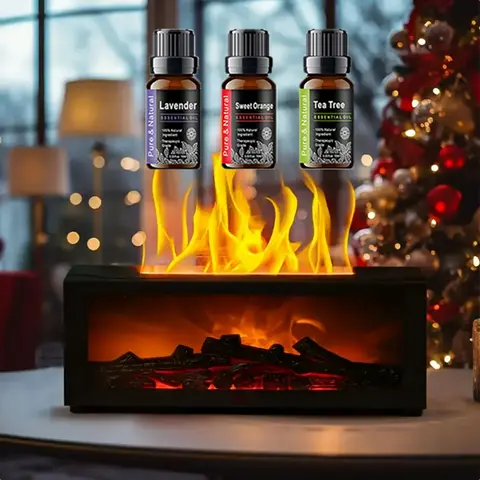 Colorful Flame Fireplace Aroma Diffuser 300ml Waterless Auto-Off Air Humidifier with Timer Remote Control for Home Bedroom Gift