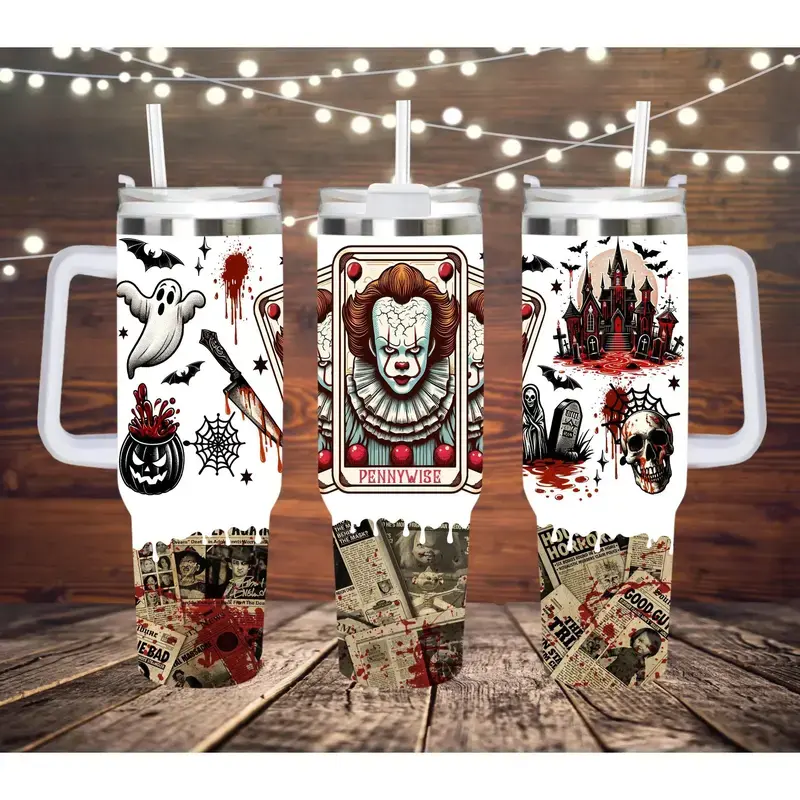 Pennywise IT Welcome to Derry Horror Movie  40oz Tumbler Stainless Steel with Straw, Double Wall Insulated, With Handle – Perfect Gift for Fans