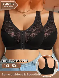 Women's Plus Size Elegant Lace Front Hook Bra, Full Cup Comfort Gather Design, Casual Plain Style, All Seasons Wear