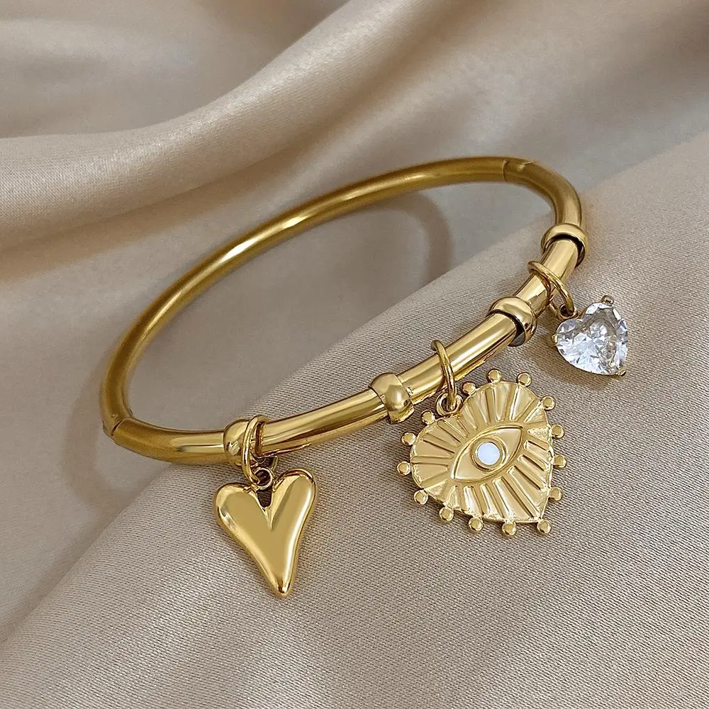 Fashion Stainless Steel Chunky Bracelet for Women Gold Plated Zircon Heart Devil Eye Charms Bangle Bracelets Jewelry Gifts