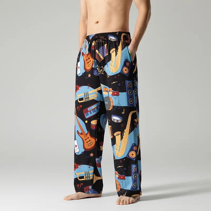 Men's Music Instrument Print Wide Leg Pants, Elastic Drawstring Waist Loose Fit  Trousers, Streetwear Baggy Pants for Summer, Loungewear & All-Season Outfits  chinos casual comfortable   K001+K002