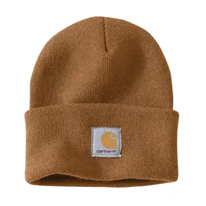 Carhartt A18 Watch Hat - Brown Acrylic Knit Ribbed Headgear, Fold-Up Cuff with Cuff Patch, Durable Workwear Essential Men's Accessories, Unisex Gift Item, Imported Knit Hat