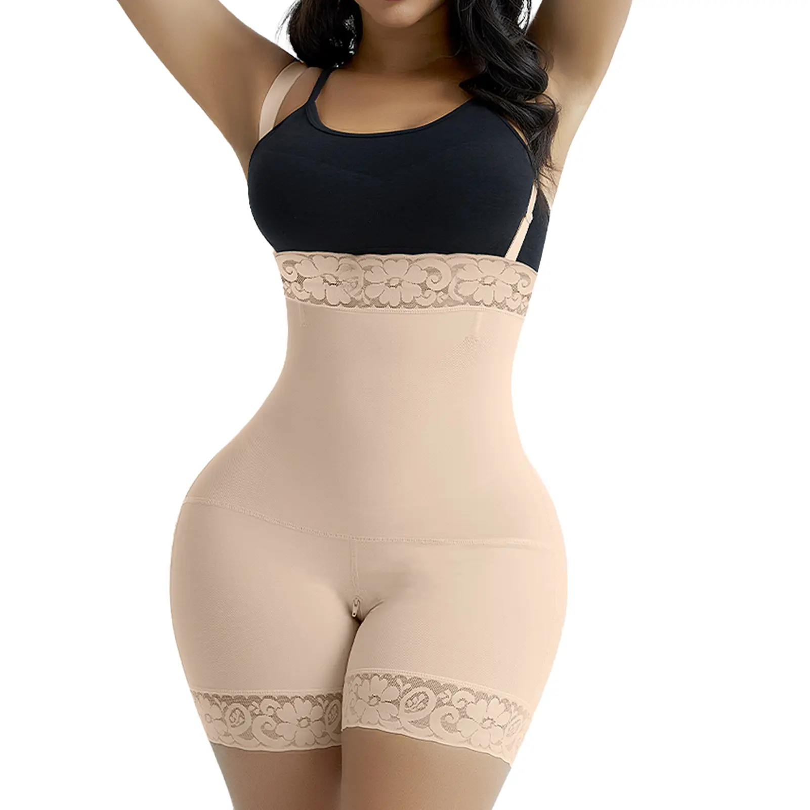 GQF Women's Minimalist High-Waisted Shapewear Bodysuit - Seamless Open Bust with Lace Trim, Firm Tummy Control, Zipper Closure for Casual Wear with Black Shorts