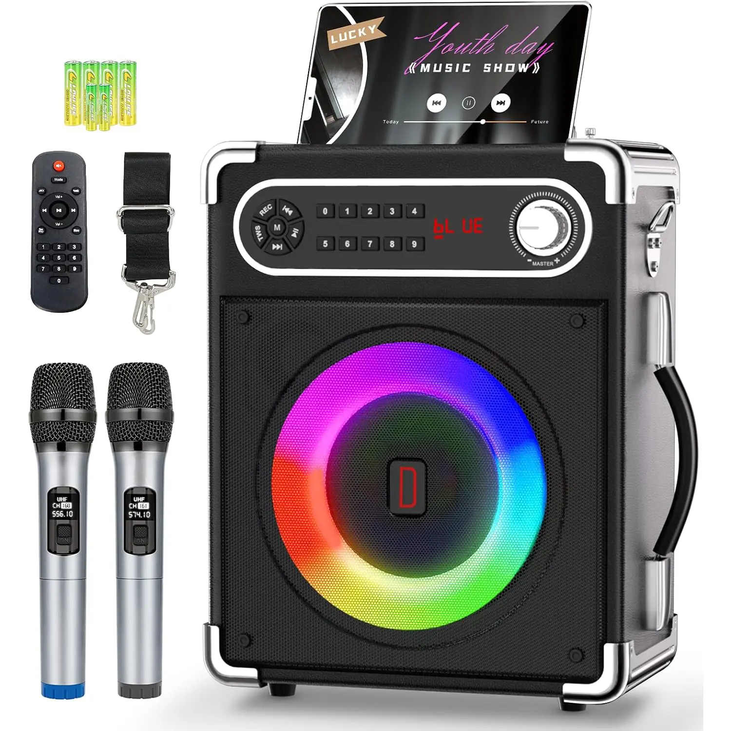 Karaoke Machine, Portable Bluetooth Speaker with 2 Wireless Microphones, Bass/Treble Adjustment, PA System with Remote Control, Lights, Supports TF Card/USB, AUX in,TWS,FM,REC Party Home,summerwins