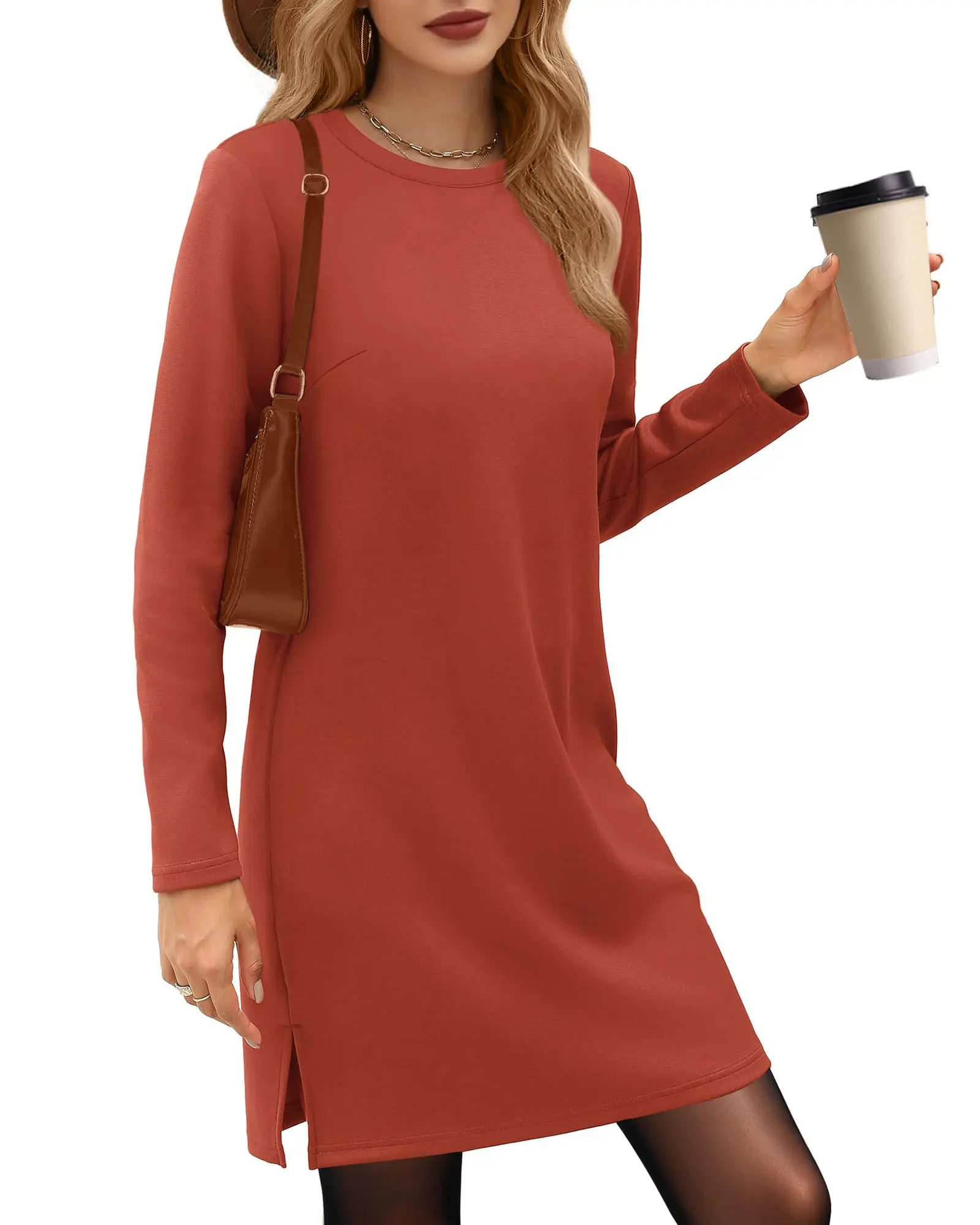 Women's Long Sleeve Round Neck Dress, Perfect for Fall & Winter,Design sense Women's casual A-line skirt