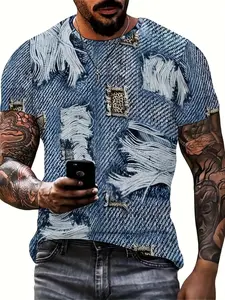 Fashionable Denim-Style Print Men's T-Shirt, Comfortable and Breathable, Casual Short Sleeve Top, Perfect Father's Day Gift