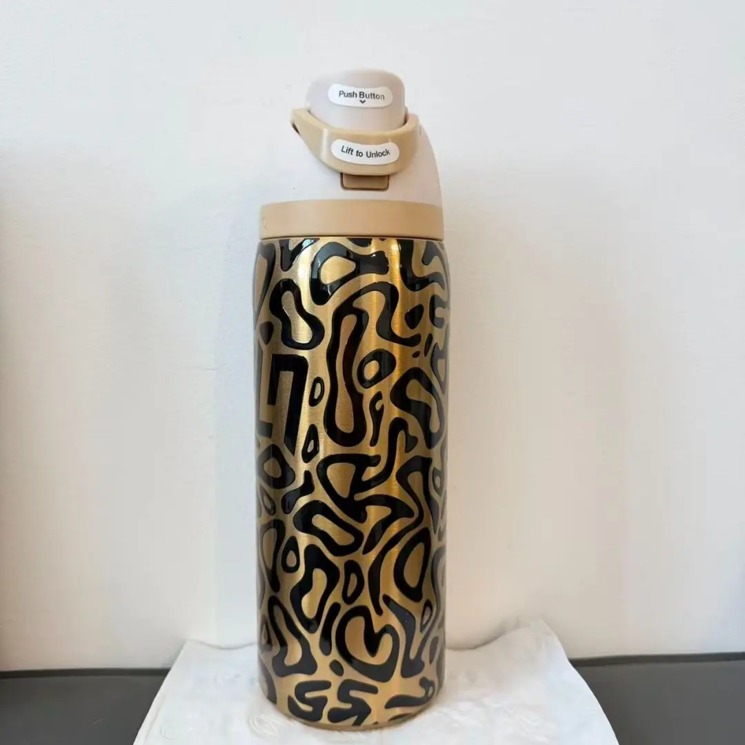 Owala FreeSip 32oz Black & Gold Leopard Print Stainless Steel Insulated Water Bottle - Luxury Trendy Vacuum Flask, Portable Leak-Proof for Commute, Holiday Use, Flasks, Water Bottles