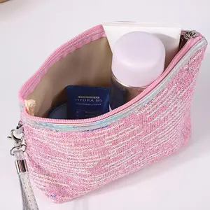 Cosmetic Bag with Large Capacity, Sequined Hand-Held Pearl Zipper Storage Bag, Portable, Home Travel Universal, Stylish & Functional Design