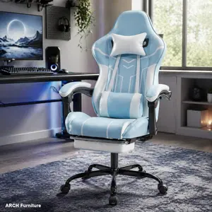 Ergonomic Leather High Back Gaming Chair with Curved Back, Lumbar Massager, Quilted Stitching, Footrest, Lumbar Support, Supports 330lbs - Blue-White Office Computer Chair
