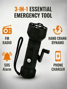 Hand-Crank Powered Emergency Flashlight with Radio, Alarm & Phone Charging for Camping & Outdoor