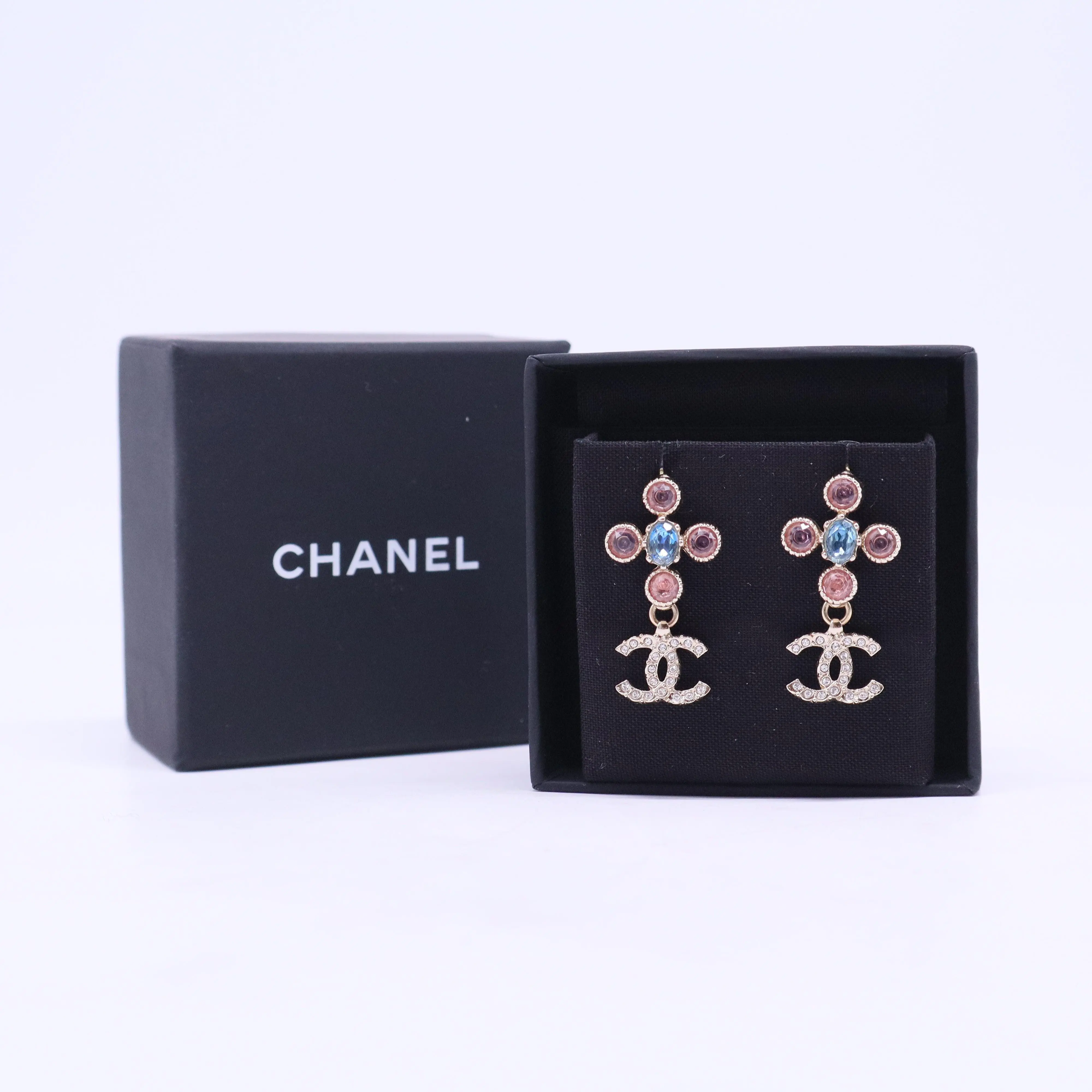 Pre-owned Pink Blue Crystals Drop CC Earrings W20775