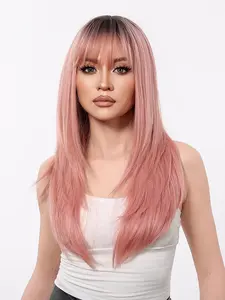 24 Inch Pink Long Straight Synthetic Hair Wigs for Women, Gorgeous Fluffy Wigs with Bangs, Synthetic Full Machine for Party, Daily Use