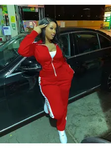 Women's Body Vibe Stripe Zipper Up Red Tracksuit