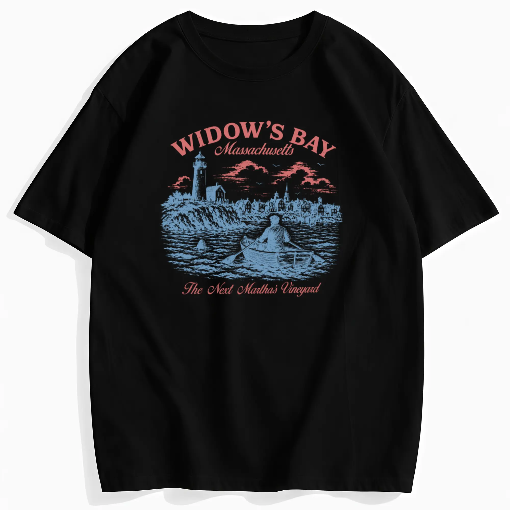 Vintage Distressed Widow's Bay Massachusetts Lighthouse Coastal Town Rowboat Silhouette Ocean Sunset Graphic T Shirt The Next Martha's Vineyard Retro New England Seaside Short Sleeve T Shirt