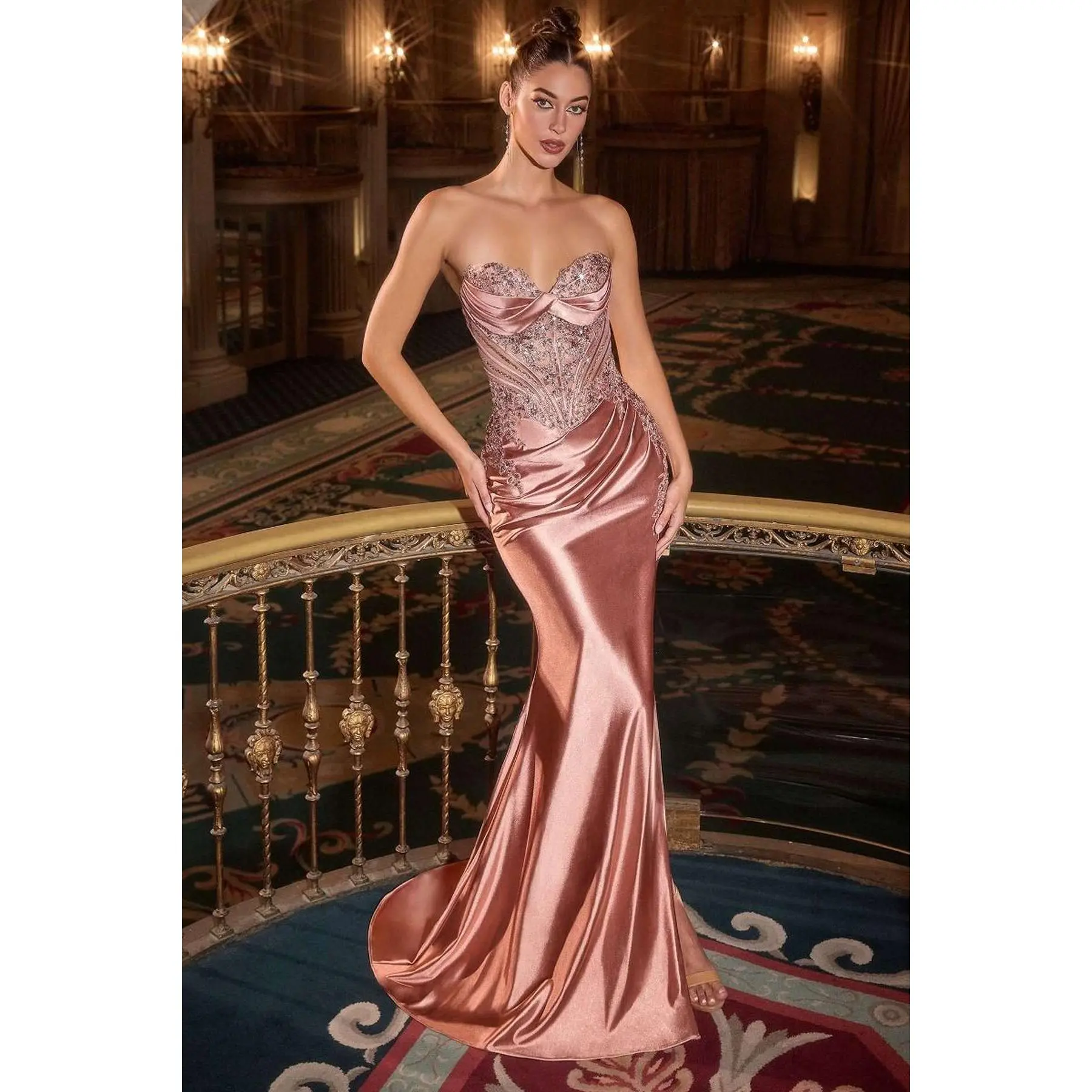 Ladivine KV1132 Women's Strapless Satin Formal Gown, Full Length Prom Dress with Structured Bodice, Pleated Bust and Lace-Up Back, Fabric, Crystal, Evening, Fit, Structured Body, Satin Beads, Sweetheart Neck, Formal Wear, Fitted, 0 To 16, Satin Crystals