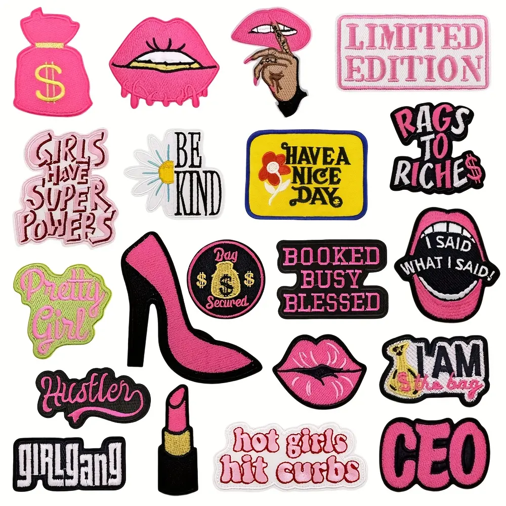 20pc Hot Pink Embroidered Patches for Women, Aesthetic Iron-On Accessories for Jackets, Hats & Backpacks, Simple Styling, Iron-On Makes Styling Simple, Polyester