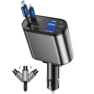 150W 4 in 1 Retractable Car Charger Block USB C Fast Charging Adapter with Dual Cable & Dual Port for iPhone 17/16/15/14/13/iPad/AirPods,Samsung Galaxy S23/S22/S10,Google,Universal Car Electrical Appliances for Vehicle
