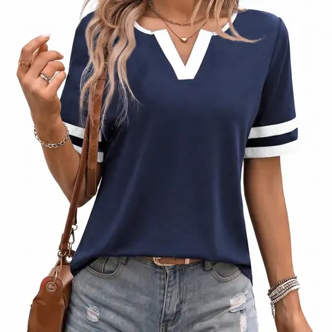 Shewin Women's Casual Cotton Soft Top - Notch V-Neck, Contrast Trim, Double Striped Cuffs, Short Sleeves, Loose Breathable Streetwear, Go-To Clothes for Errands & Hangs, Women's Tops, Back to School Essentials