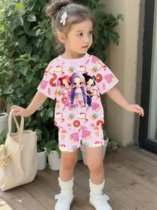Digital printed infant and toddler girls' short-sleeve suit from the Dessert Kingdom Princess Collection, made of 100% polyester. casual wear for baby girls, suitable for daily T-shirts, a perfect gift for infants and toddlers, Cute Clothing Set