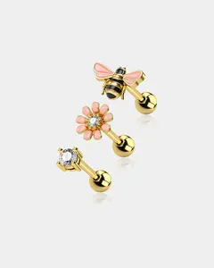 3PCS BeeFlowerGem Helix Studs