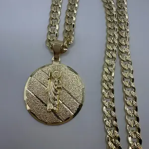 Gold Plated San Judas Tadeo Necklace 24" Diamantada Cuban Chain Eye-Catching Design Costume Jewelry Durable Long-Lasting