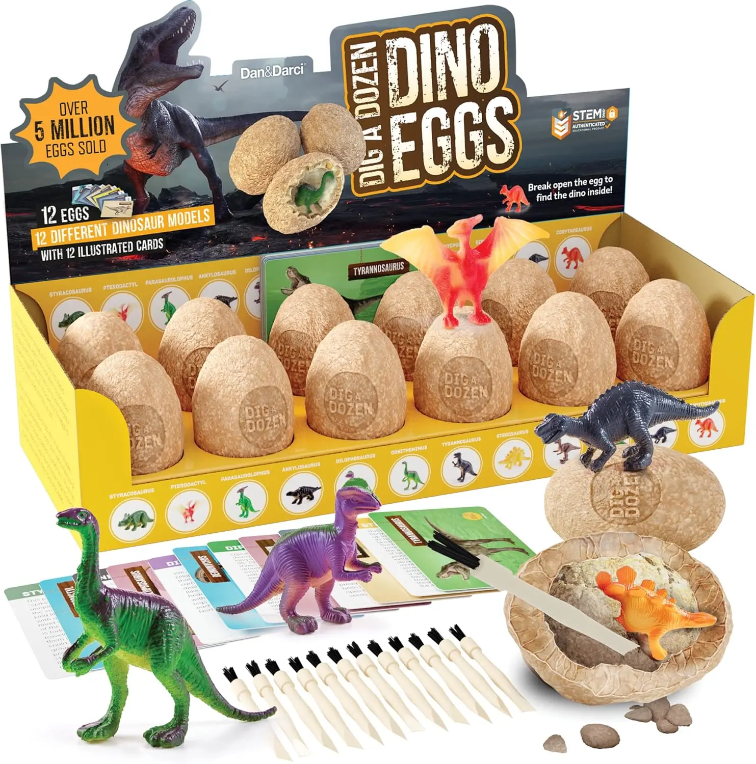 Dan&Darci Dig a Dozen Dino Eggs Kit – 12 Dinosaur Eggs, Chisels & Learning Cards for STEM Excavation Fun