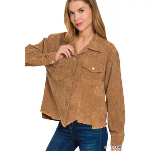 Distressed Corduroy Frayed Hem Cropped Jacket