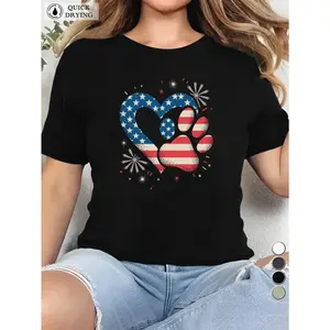 Women's Patriotic Heart-Shaped American Flag Cotton T-Shirt - Red with sequined heart design, slim-fit short-sleeved casual top, suitable for July 4th, Memorial Day, and everyday wear. Versatile and suitable for all seasons. Features a sequined print.